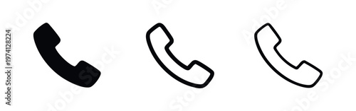 Classic telephone receiver icons set in solid, bold outline, and thin outline styles, communication symbol vector.