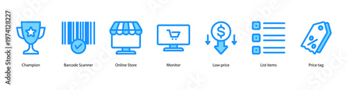 Digital Retail Tools web banner icon vector illustration featuring Champion, Barcode Scanner, Online Store, Monitor, Low Price, List Items, and Price Tag.
