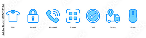 Shopping and Payment web banner icon vector illustration featuring Tshirt, Locked, Phone Call, Scanner, Check, Tracking, and Mouse.