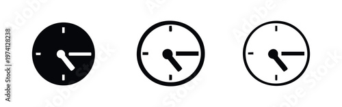 Minimalist clock face icons set in solid, bold outline, and thin outline styles, time and schedule symbol vector.