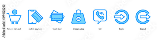 Online Transactions web banner illustration featuring Remove from Cart, Mobile Payment, Credit Card, Shopping Bag, Call, Login, and Logout.