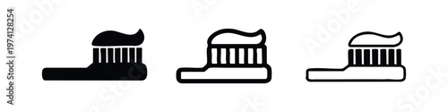 Toothbrush and toothpaste icons set in solid, bold outline, and thin outline styles, dental hygiene symbol vector.