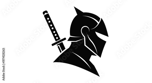 Black knight helmet with samurai sword.