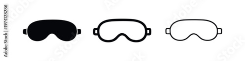 Ski goggles or sleep mask icons set in solid, bold outline, and thin outline styles, eye protection or rest symbol.
