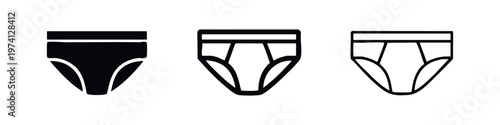 Men's underwear icon set. Briefs symbol for male clothing in flat, glyph, and line styles. Comfortable apparel vector.
