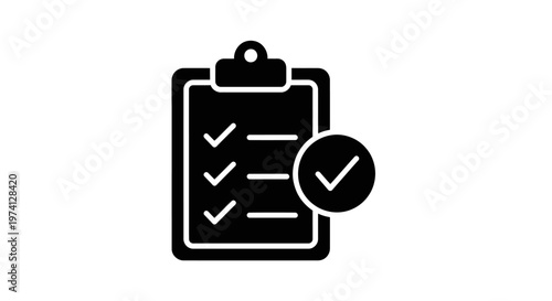 Black and white clipboard checklist icon.