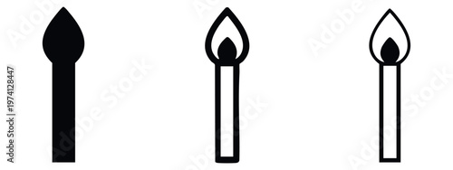 Lit matchstick icon set. Burning match symbol in flat, glyph, and outline styles. Fire and light source vector.