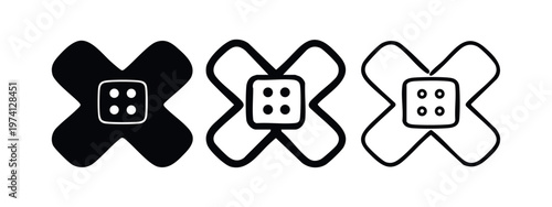 Cross bandage icon set. Adhesive medical plaster symbol in flat, glyph, and outline styles. First aid vector illustration.