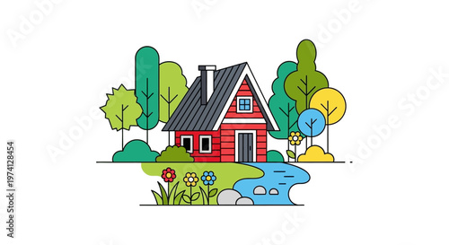 Charming illustrated house with trees and stream on transparent background silhouette