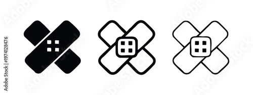 Adhesive bandage icon set. Medical plaster symbol in cross shape with pad. Healing and first aid vector illustration.
