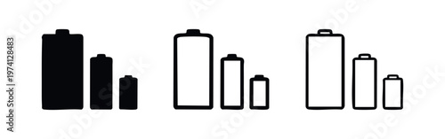Battery icon set. Energy power source symbols in flat, glyph, and outline styles. Various sizes vector illustration.