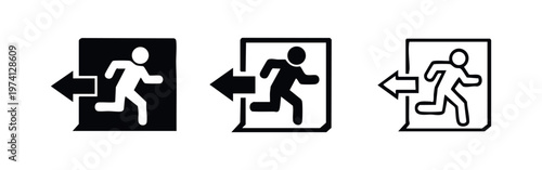 Emergency Exit Sign Icon Set. Evacuation Route Symbol with Running Man and Left Arrow. Safety Signage Vector.