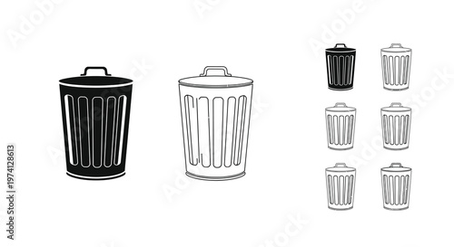 Black and white line art illustration of various trash cans