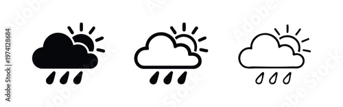 Sunny with Rain Weather Icon Set. Cloud and Sun with Raindrops Symbol for Forecast and Climate Apps. Meteorology Vector.