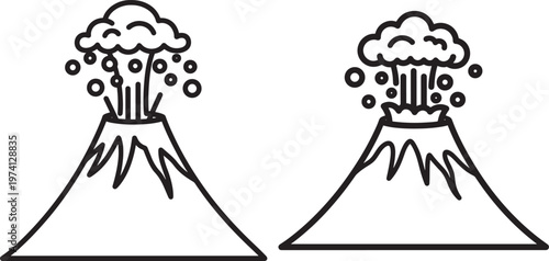 Two volcanoes erupting, icon silhouette of explosion, graphic symbol of natural disaster.