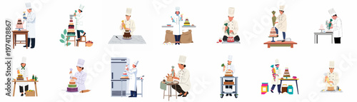 Collection of professional pastry chefs and bakers decorating various cakes with piping bags, flat vector illustration style isolated on a white background.