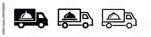 Food Delivery Truck Icon Set - Restaurant Takeout and Online Order Service