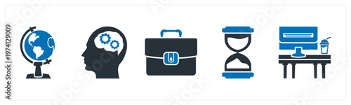 A set of 5 mix icons as globe, planning, portfolio