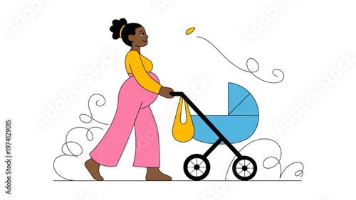 Woman pushing a baby stroller with a yellow bag and a toy in hand Vector