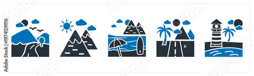 A set of 5 mix icons as nature, hills, beach