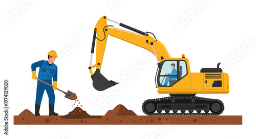 Construction worker with shovel digs soil next to large yellow excavator digging ground on construction site with clear