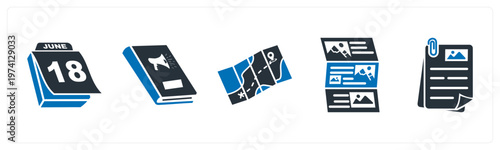 A set of 5 mix icons as calendar, book, map