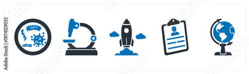 A set of 5 mix icons as virus, microscope, startup