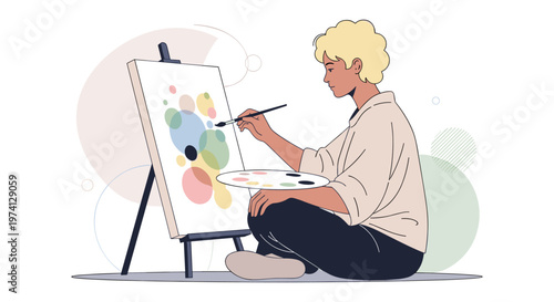 Blonde woman painting on canvas in minimalist colorful illustration for art education