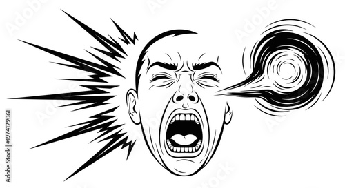 Furious man screaming with eyes closed sound waves exploding outwards and smoke billowing from mouth intense anger