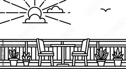 Minimalist line art illustration of a serene balcony scene with two chairs and a table under a bright sun and clouds