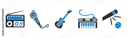 A set of 5 mix icons as radio, mic, guitar