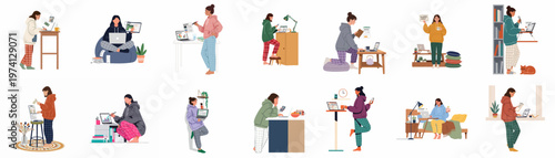 Set of illustrations showing young women in casual home wear managing personal finances, tracking budgets, and analyzing expenses using laptops and digital devices.