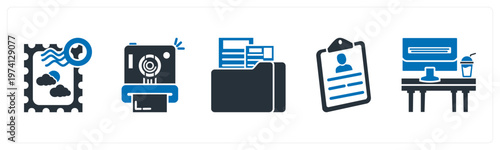 A set of 5 mix icons as postage stamp, instant camera, folder