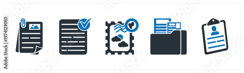 A set of 5 mix icons as document, approved document, portage stamp