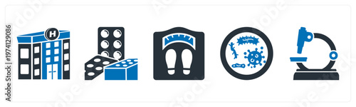 A set of 5 mix icons as hospital, medicine, weight machine