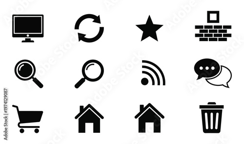 Black glyph icons set technology communication and e commerce symbols