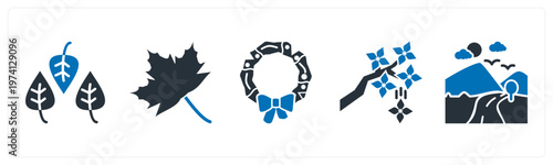 A set of 5 mix icons as leaves, leaf, christmas wreath