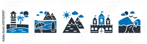 A set of 5 mix icons as beach, hills, fort 