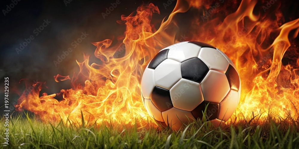 Fototapeta premium Fiery Passion A Soccer Ball Rests in Blazing Infernal Flames Amidst Lush Green Grass