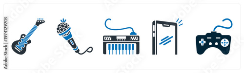 A set of 5 mix icons as guitar, mic, piano