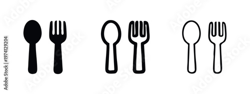 Spoon and Fork Icons Set. Cutlery symbol, utensil for eating meals. Simple vector sign for restaurant, kitchen, menu.