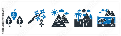 A set of 5 mix icons as leaves, tree, hills