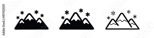 Mountain with Snowflakes Icons Set. Winter landscape symbol, cold weather sign for forecast, travel, ski resort.