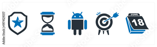 A set of 5 mix icons as security shield, sandglass, robot