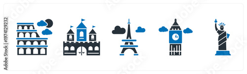 A set of 5 mix icons as colosseum, fort, eiffel tower