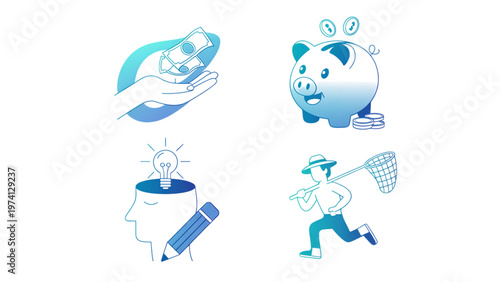 Four stylized characters dancing with water droplets in vibrant blue tones Vector