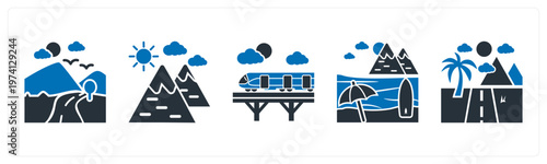 A set of 5 mix icons as nature, hills, bullet train