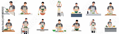 Illustration set showing a man in an apron preparing a healthy salad, from washing vegetables to eating and cleaning up.