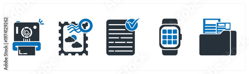 A set of 5 mix icons as instant camera, postage stamp, approved document