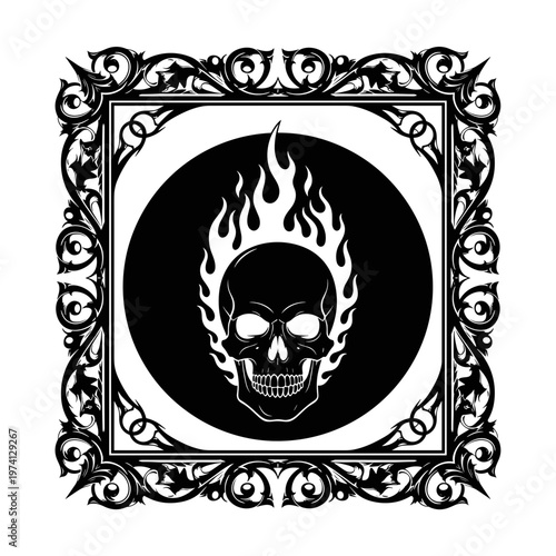 Fiery skull emblem with ornate border symbolizing danger death and the supernatural rendered in bold black and white
